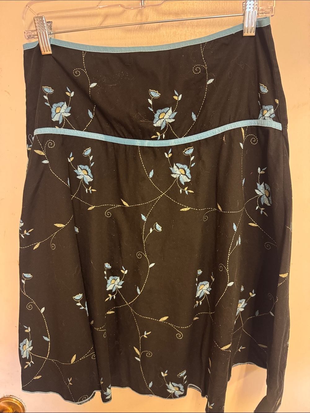 Black A-Line Skirt with Blue Floral Embroidery